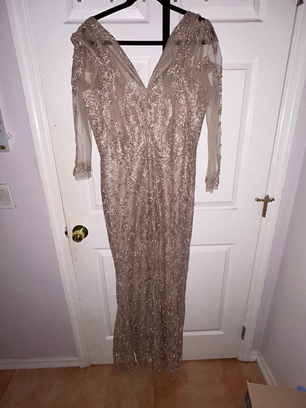 Elegant Beaded V-Neck Evening Gown - Champagne